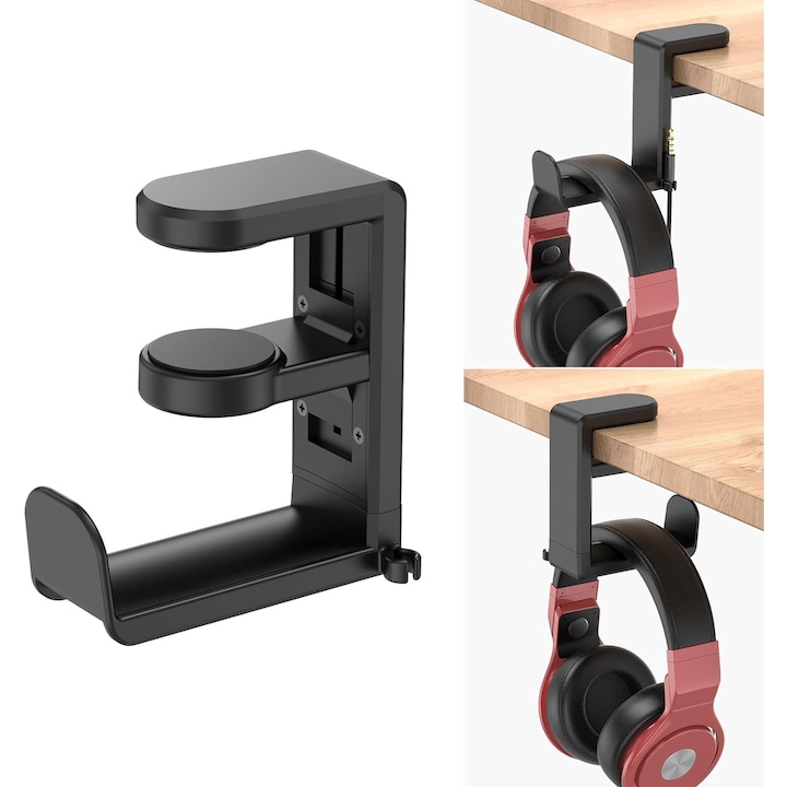 Suport pentru casti gaming, cu clema reglabila, prindere birou, pliabil, instalare pe verticala sau orizontal, loc mufa jack, protectie silicon, compact, Negru