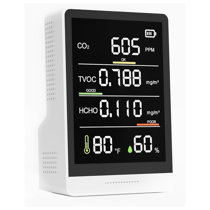 Monitor portabil masurare calitate aer 5 in 1, Detector CO2 dioxid de carbon, TVOC compusi volatili, HCHO formaldehida, Temperatura si umiditate, 1200mAh, Alb