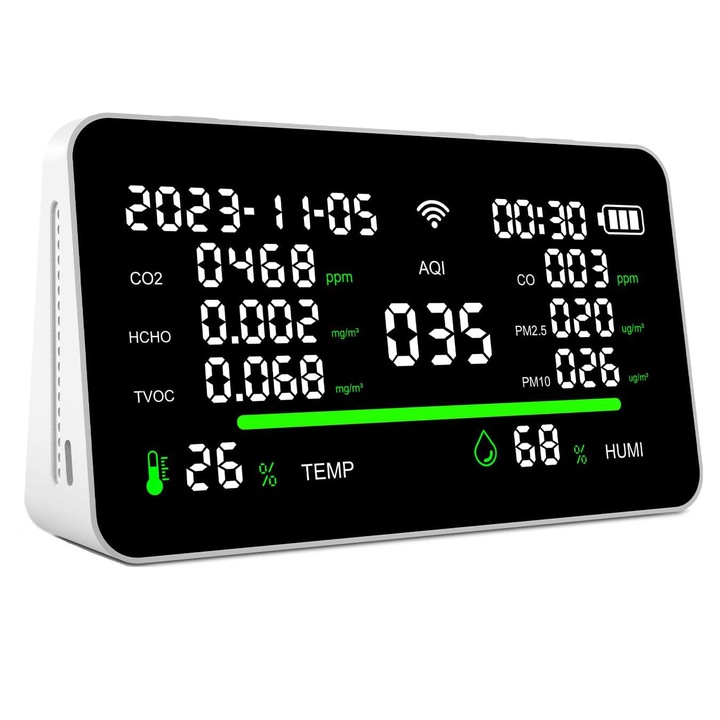 Monitor Calitate Aer Premium, 11 in 1, Portabil, Detector CO2 dioxid de carbon, TVOC compusi volatili, HCHO formaldehida, Temperatura, Umiditate, PM2.5, PM10, Alarma, Reincarcabil USB, Alb