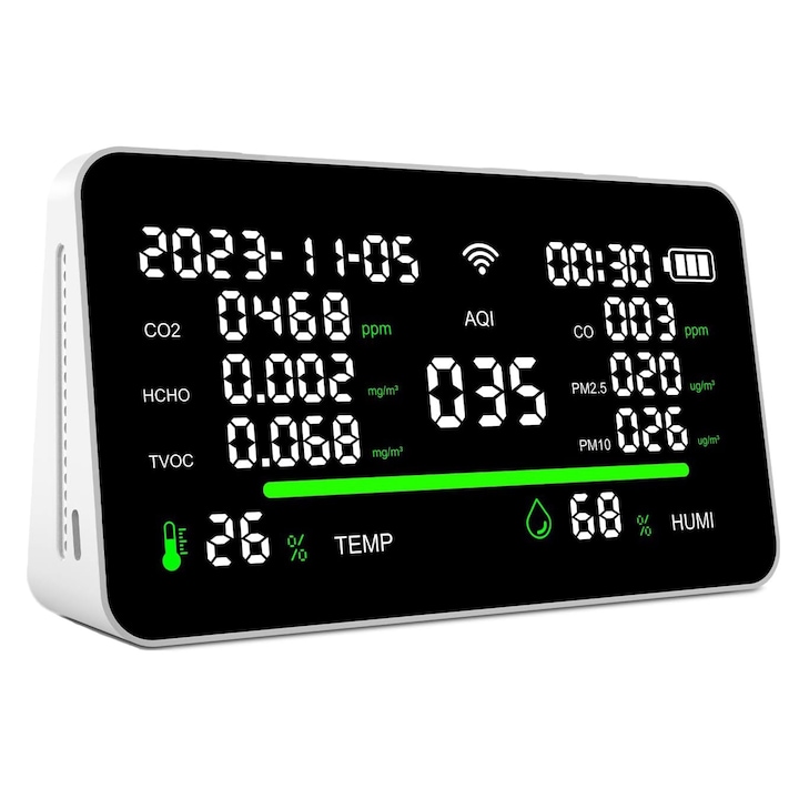 Монитор за качество на въздуха, 1,61x6,29 инча LED екран, 11-в-1, CO2/TVOC/HCHO/UM/AQI/CO/PM2.5/PM10/Откриване на температура, бял