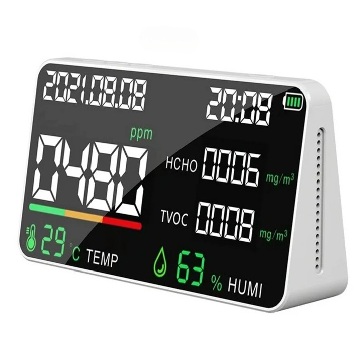 Monitor portabil masurare calitate aer 8 in 1, detector CO2, TVOC compusi volatili, HCHO formaldehida, PM2.5, temperatura si umiditate, Alb