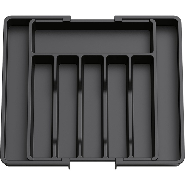 Organizator Tacamuri Sertar Extensibil, 8 Compartimente, Sertar extensibil 33 - 57 cm, Suport ajustabil pentru tacamuri si cutite, Accesorii Organizare, ABS, fara BPA, Negru