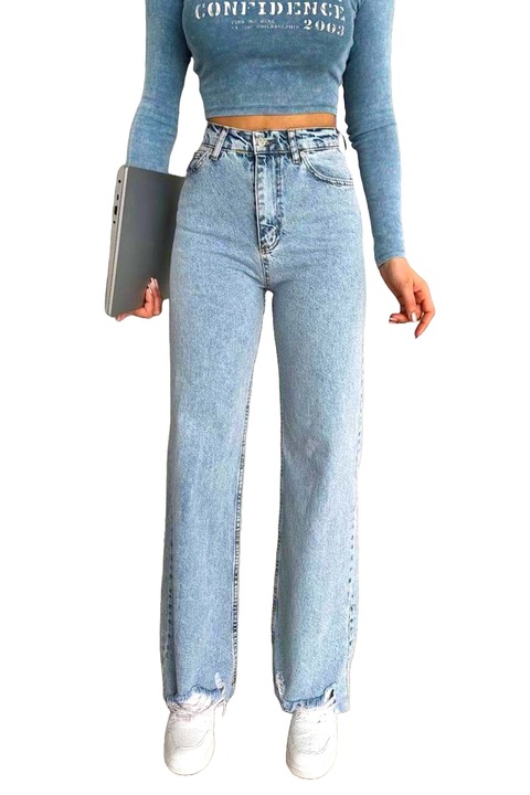 Blugi wide leg Guana, cu perforatii ample asimetrice, Albastru azur