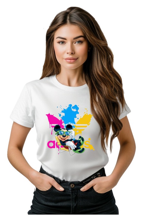 Tricou dama personalizat Cool Mickey Mouse Relaxing, Alb