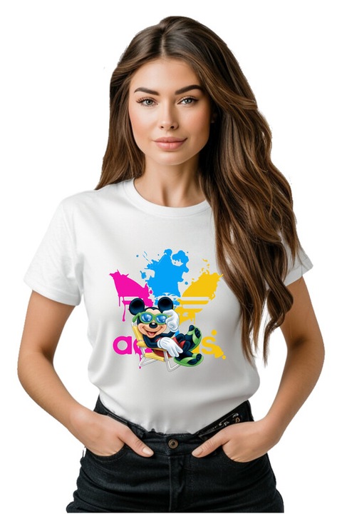 Tricou dama personalizat Cool Mickey Mouse Relaxing, Alb, M