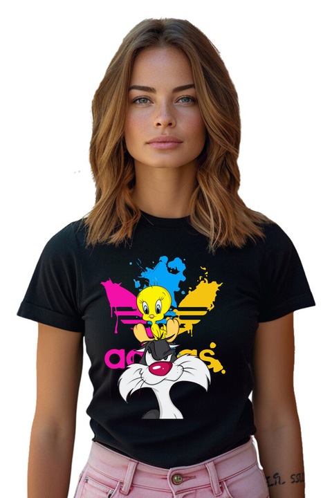 Tricou dama personalizat Funny Tweety & Sylvester, Negru, 3XL