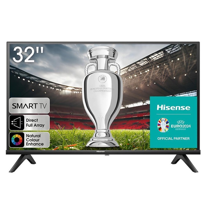 Hisense TV, 32" A4K, HD 1366x768, DLED, HDR, HLG, Dolby Audio, DTS Virtual X, Smart TV, WiFi, WiFi Direct, BT, Anyview Cast, fekete