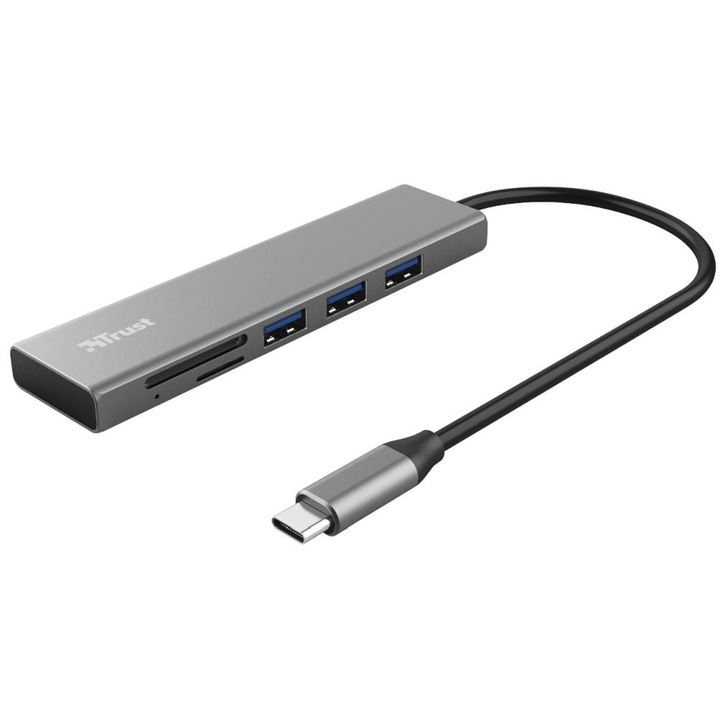 USB хъб Trust, Halyx, Fast USB-C, Hub, Card Reader, Сив