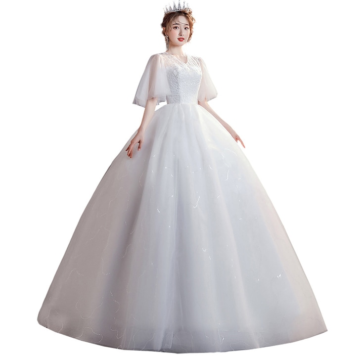 Rochie de mireasa, tip printesa, cu trena, Alb(L)