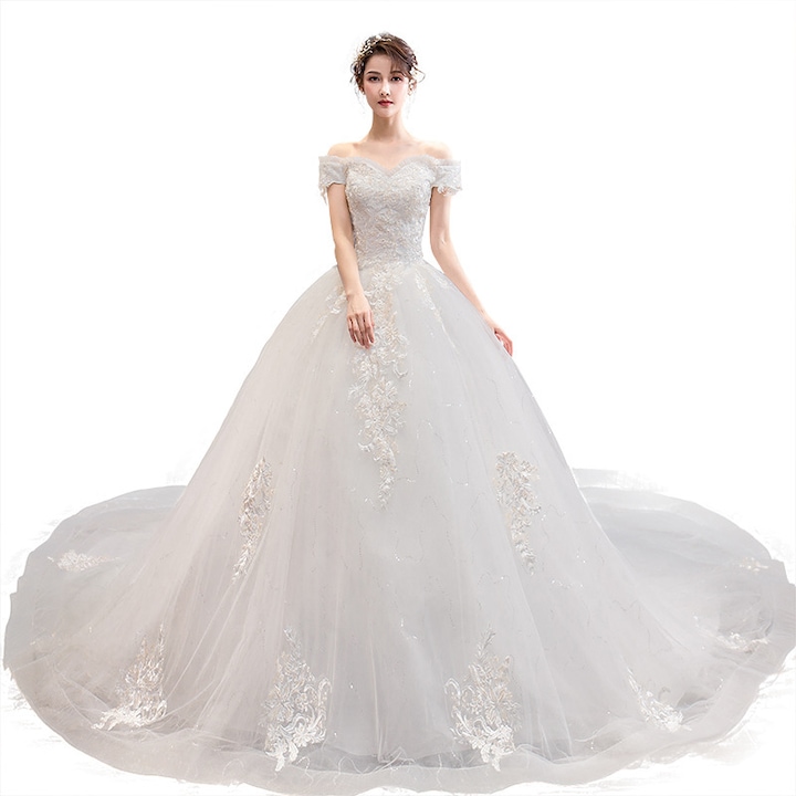 Rochie de mireasa stil printesa, dantela/tul, ivoire(M)