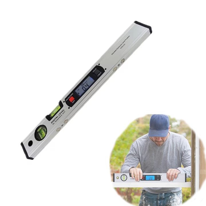 Nivel bule digitale, aliaj de aluminiu, display LCD, baza magnetica, 41.6×2.1×5 cm, argintiu