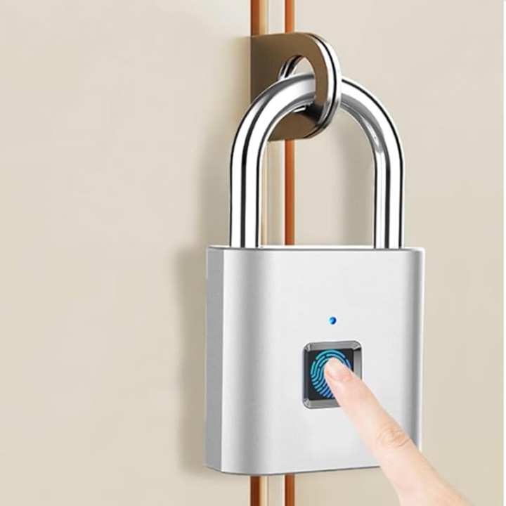 Lacat cu Senzor de Amprenta, Modern, Acumulator, MicroUSB, bicicleta, bagaj, usa, 10 amprente, Otel Inoxidabil, Argintiu