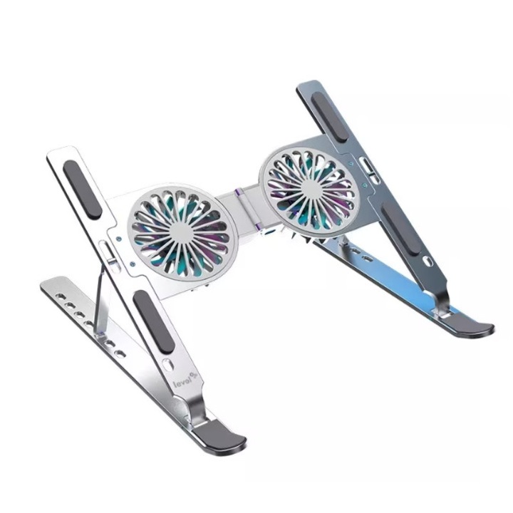 Suport laptop, 2 viteze, pliabil, aluminiu, ventilatoare, lumini ambientale, portabil, alimentare usb, 7 nivele de reglare, husa transport, argintiu