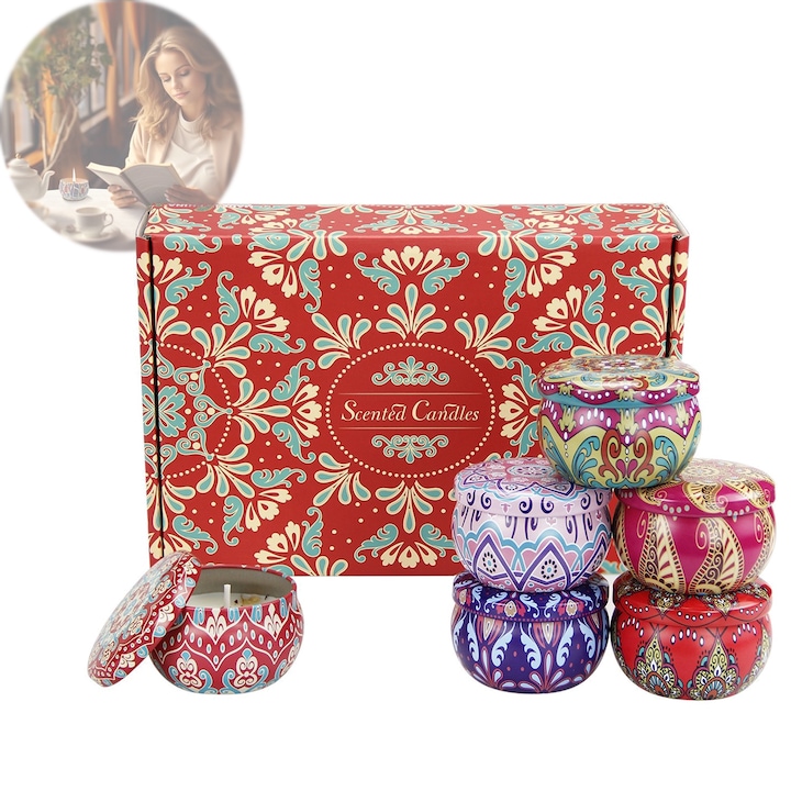Set 6 lumanari aromoterapie, cu ceara de soia naturala, Foarte parfumate, Timp de ardere de pana la 12 ore pentru Craciun Ziua de nastere Aniversare Nunta Decor acasa, Multicolor