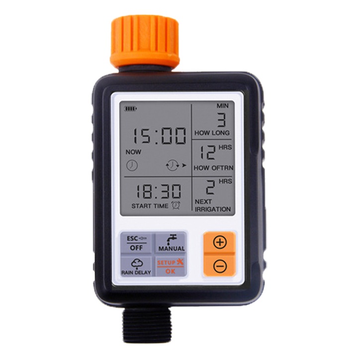 Програматор за напояване/поливане, LCD екран, IPX5 водоустойчив, автоматичен и ръчен режим на поливане, времетраене 1сек-300мин, Оранжев
