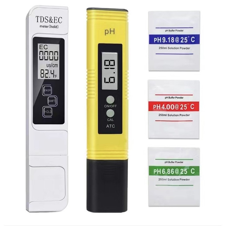 Комплект от 2 тестера за питейна вода, 4 в 1, изключително / точно цифрово откриване на pH и TDS, жълт / бял