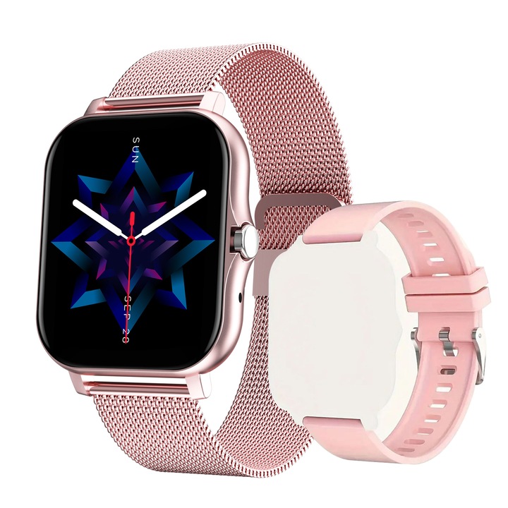 Ceas inteligent sport pentru barbati si femei, curea din otel inoxidabil si silicon, tracker fitness, notificare apel/mesaj, tracker fitness, redare muzica, pentru telefoane Android IOS, roz