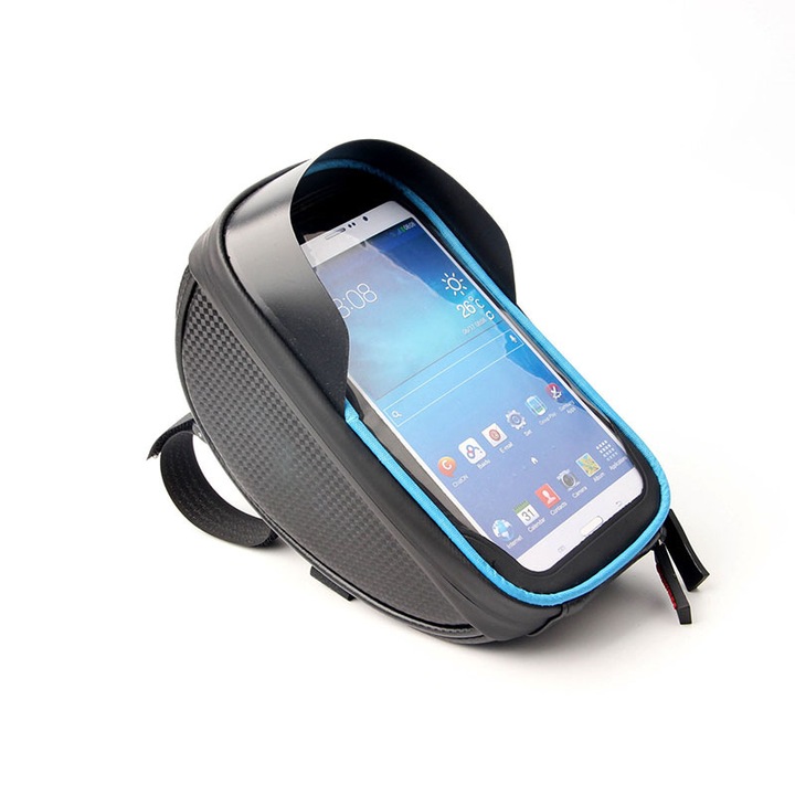 Geanta pentru biciclete cu suport pentru telefon mobil, impermeabil, montare la ghidon, cu fermoar, viziera de soare pe fata, negru si albastru