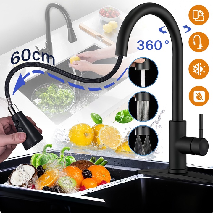 Baterie chiuveta bucatarie Excitat® Premium Class 1, cu dus extractabil, pipa inalta, cartus ceramic, otel inoxidabil, retractabil, pivotant 360°, anti-amprenta, Monocomanda, pentru Baie si Bucatarie, negru