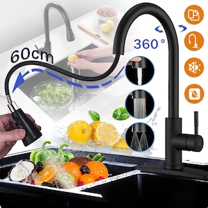 Baterie chiuveta bucatarie Excitat® Premium Class 1, cu dus extractabil, pipa inalta, cartus ceramic, otel inoxidabil, retractabil, pivotant 360°, anti-amprenta, Monocomanda, pentru Baie si Bucatarie, negru
