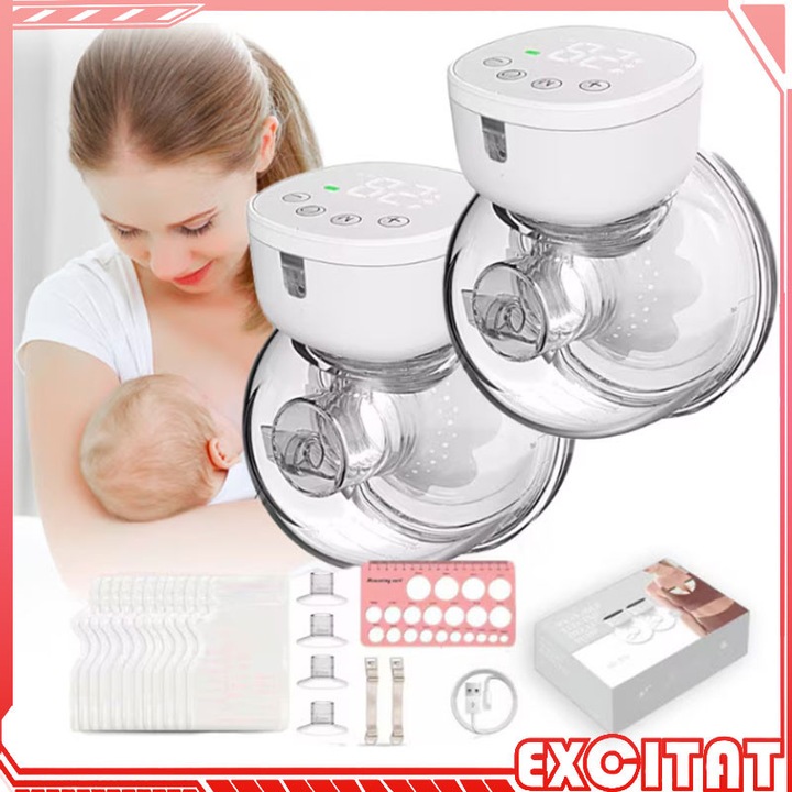 Set 2 piese pompa de san electrica, Excitat®, catarama reglabila, inel de etansare, 2 cabluri USB-C, 12 recipiente de depozitare, 3 moduri, functie de masaj pe 9 nivele, display LCD, alb