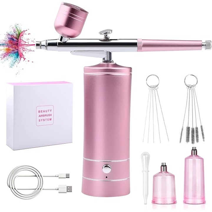 EXCITED hordozható airbrush készlet kompresszorral és levehető tömlővel, hordozható permetezővel, 0,3 mm-es fúvókával, vezeték nélküli, manikűrhöz, testfestéshez, félpermanens tetováláshoz, tortadíszítéshez, usb, Rózsaszín