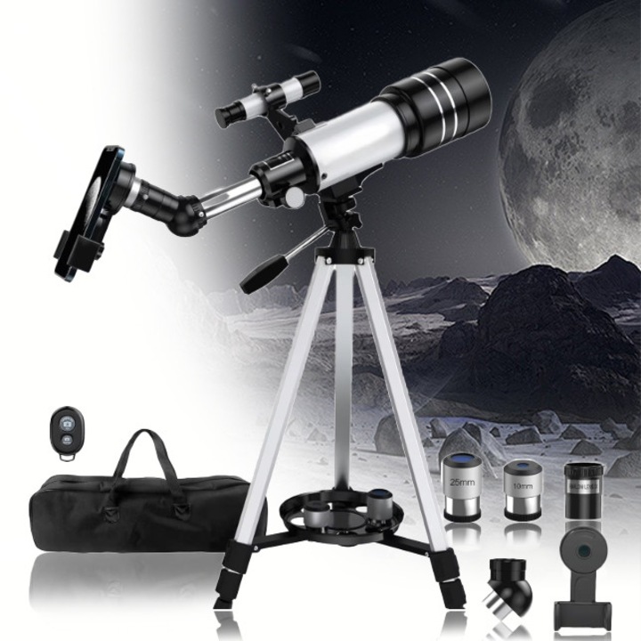 Telescop pentru adulti si copii Cu Trepied Din Aluminiu, Excitat®, reglabil, control fara fir, obiectiv Barlow, telescoape refractoare portabile cu diafragma de 70 mm pentru incepatori in astronomie, tDistanta Focala 400mm cu geanta de transport, Alb