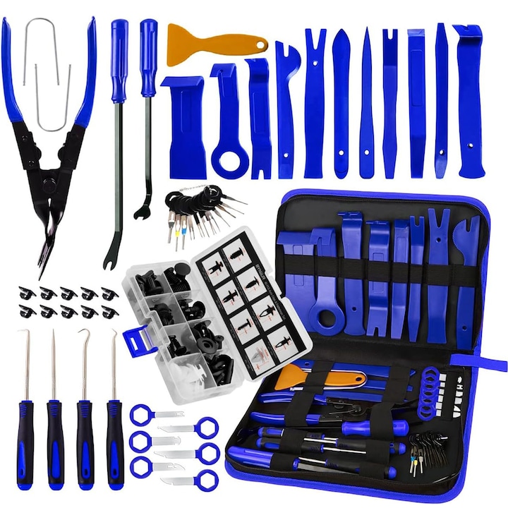 88 db autóbelső szétszedő alkatrész készlet, Axroad Mall, Ergonomikus kialakítás, Tárolótáskával, Robusztus és tartós, Könnyű tárolás, Korrózióálló, Ajtókhoz, műszerfalhoz, audio, PP/Fém, Kék/Fekete