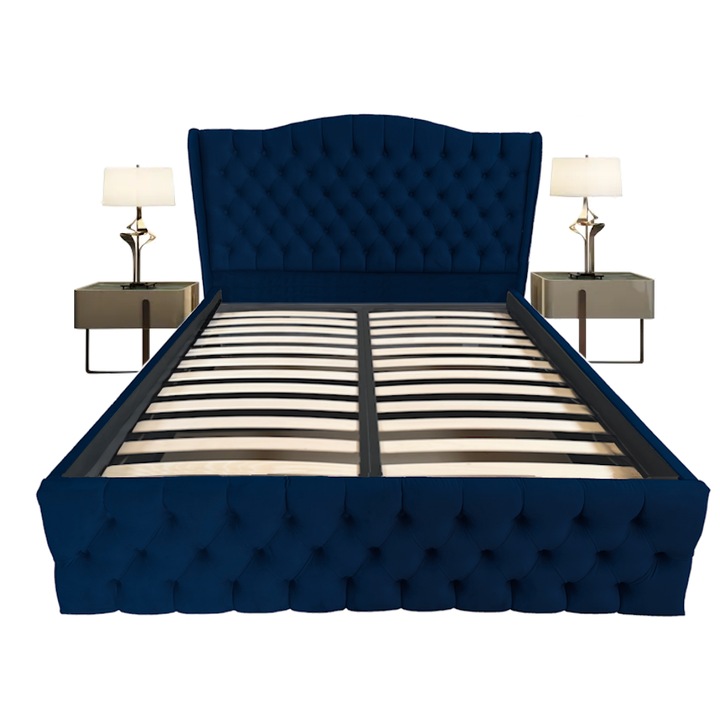 Pat tapitat Doha dublu, Bleumarin, catifea, somiera rabatabila, spatiu depozitare, 160 x 200 cm