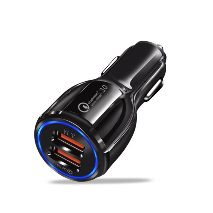 Incarcator auto, GUO-SWY, USB QC3.0 + USB 3.1A, Fast Charge Multiple Protectii si cu LED Blue, Negru