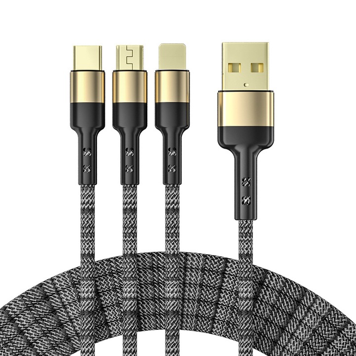Gyorstöltő és adatkábel, GUO-SWY, 3 az 1-ben (USB A - C TYPE-C, Lightning, Micro USB), Nylon szövet, Hossza 2 méter, Gyorstöltés 66W 5A, Fekete