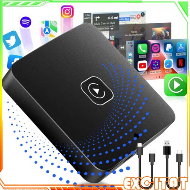 Adaptor Auto Wireless, Excitat®, Apple CarPlay, compatibil iOS/Android, Android Auto, LED, wifi 5GHz + BT 5.0，64GB, ABS, 30mA, USB, Plug&play, Negru
