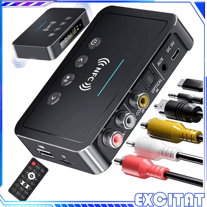Adaptor Bluetooth receptor audio 3 in 1, Excitat®, Transmitator si Receptor, Bluetooth 5.0, RX/TX/FM Transmitator/receptor, Ntrare stereo AUX de 3.5 mm, Functie NFC, Telecomanda, Suport intrare fibra optica, cu Lumina RGB si display digital, Negru