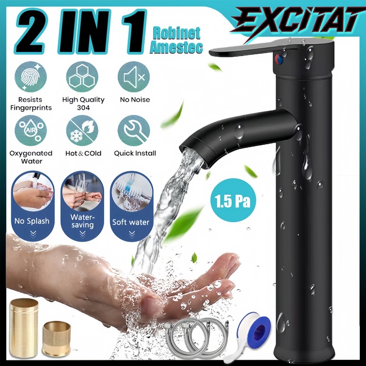 Baterie chiuveta baie, Excitat®, Montare lavoar, cu furtun, otel inoxidabil, monocomanda, Temperatura si debit de apa reglabile, Anti-coroziune si anti-rugina, Usor de instalat si de utilizat, Otel inoxidabil/Cartus ceramic, Negru