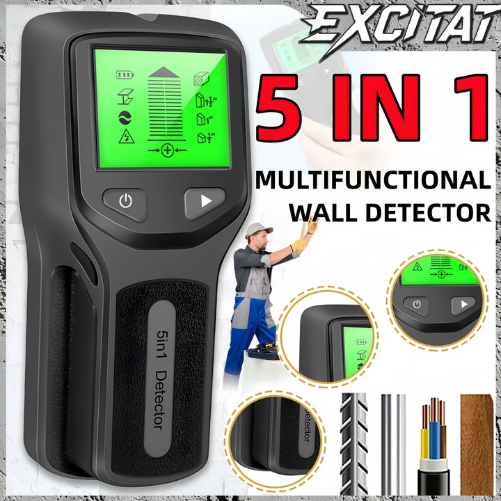 Detector cabluri electrice 5 in 1, Excitat®, 5 moduri de scanare, calibrare automata, display LCD, Portabil, Metale, Lemn, Negru