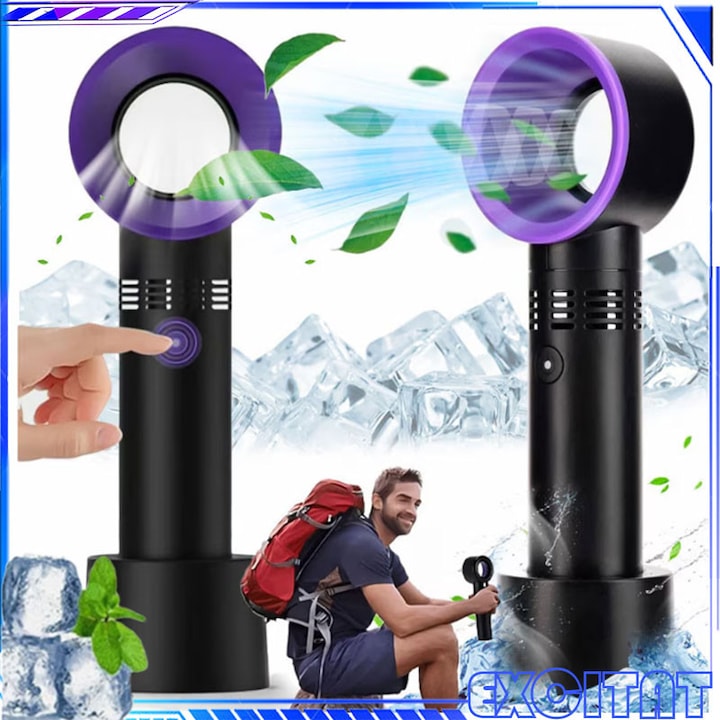 Ventilator de Mana Ultra-Compact, Excitat®, Portabil, 3 viteze, acumulator 2000 mAh, admisie de aer 360°, Incarcare Rapida, USB, silentios, ideal pentru birou, camera, terasa sau masina, Negru