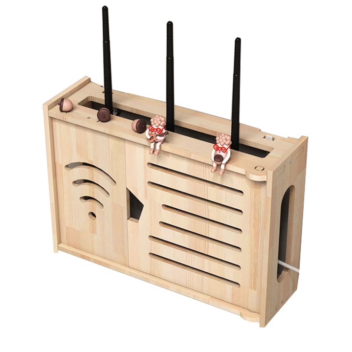 Modem tartópolc, BYONDSELF®, csavarokkal, vezetékek és WI-FI-berendezések takarásához, fa