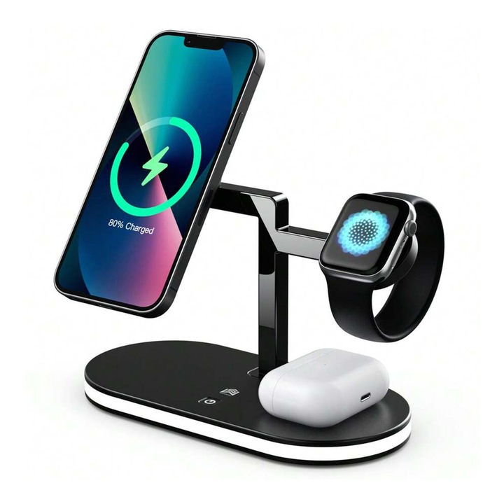 Incarcator wireless 5in1 cu cablu USB, Infloo, Functii de incarcare: 15W incarcator MagSafe pentru iPhone, 3W incarcator inductiv pentru iWatch-uri, 5W incarcator inductiv pentru AirPods, Conectori: MagSafe, USB, Negru