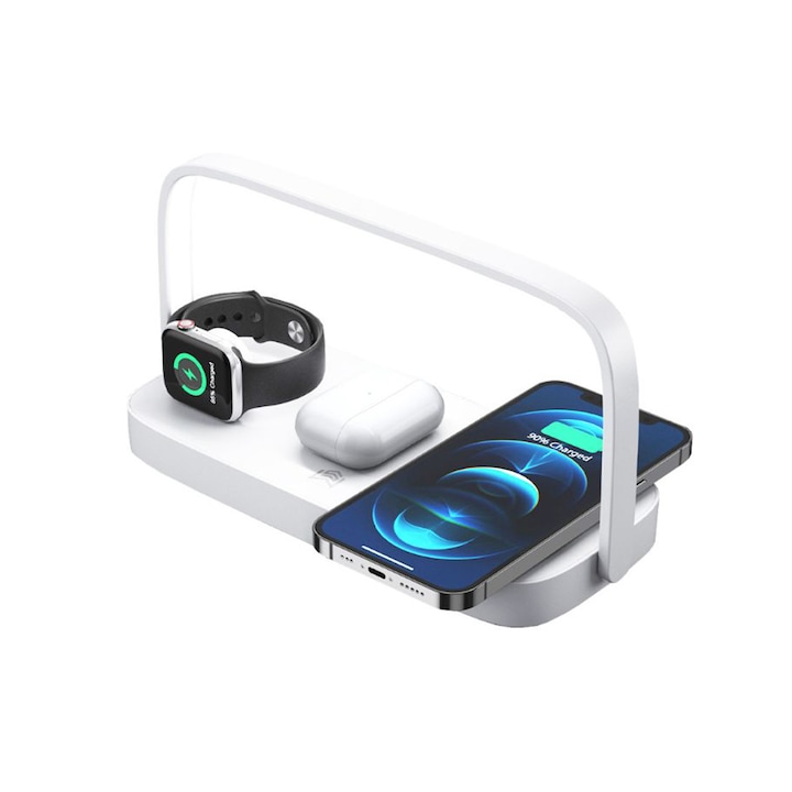 Incarcator wireless cu lumina, Infloo, Conectori: Inductiv, USB-C, USB, Culoare: Alb, Port USB suplimentar, Greutate: 626 g, Alb