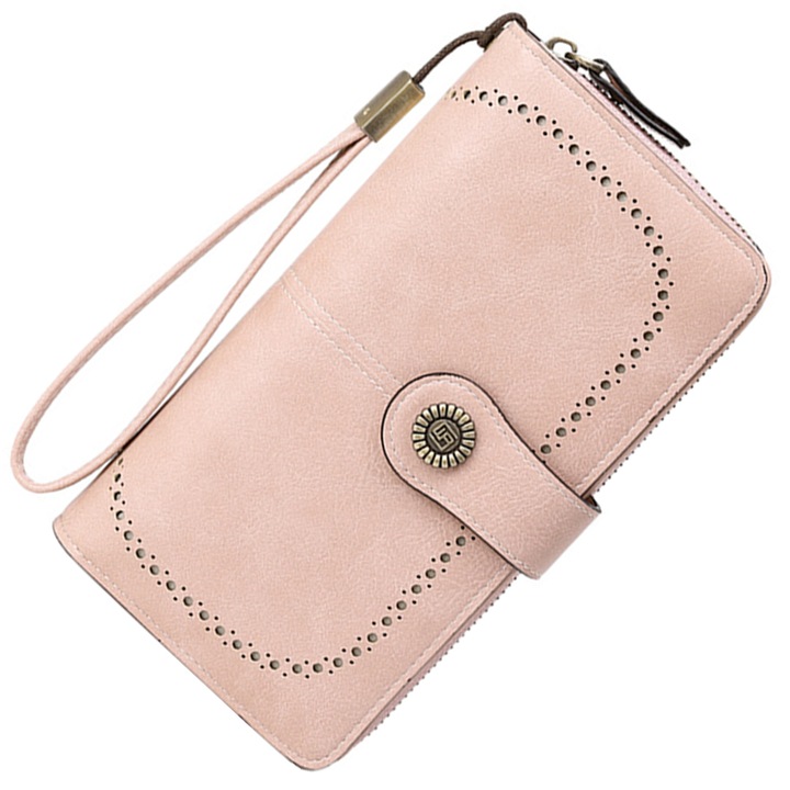 Portofel dama, din piele naturala, protectie RFID, 19.5x11.5x3.5cm, 3 zone principale, curea de mana, Roz deschis, OptimStar®