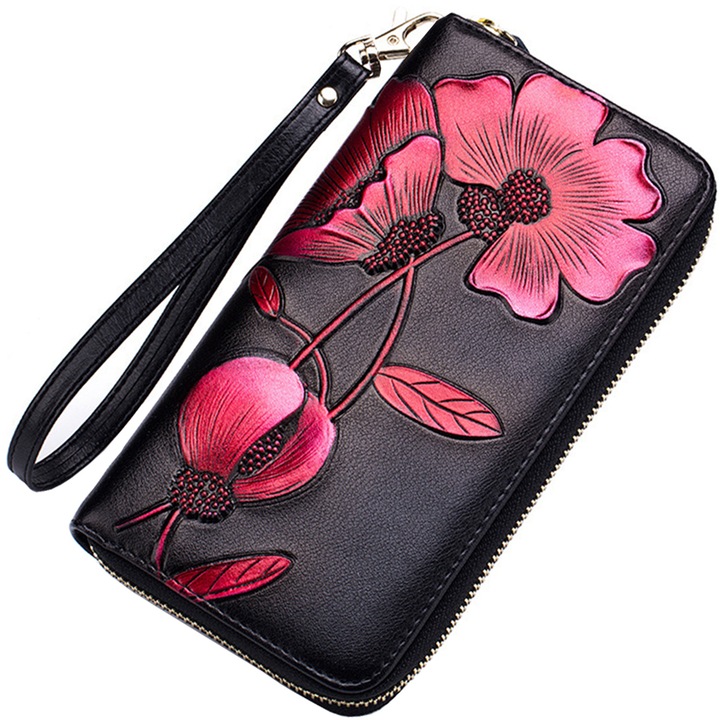 Portofel dama, din piele naturala, protectie RFID, ornamente florale embosate, pictate manual, curea de mana, 20x10.5x2.7cm, Negru, OptimStar®