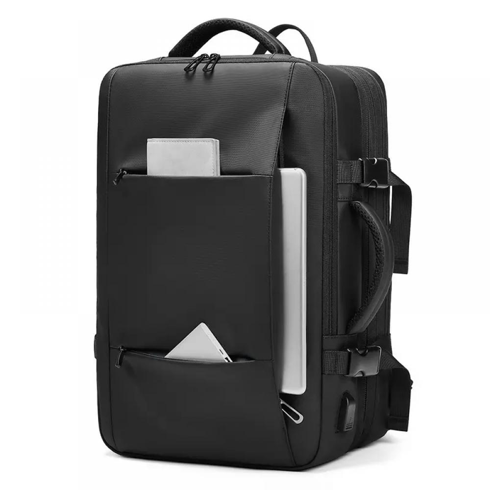 Rucsac MingLu pentru laptop 17.3 inch, extensibil 30-47L, port USB, impermeabil, spate ventilat, unisex, spatios, calatorie, scoala sau servici, negru