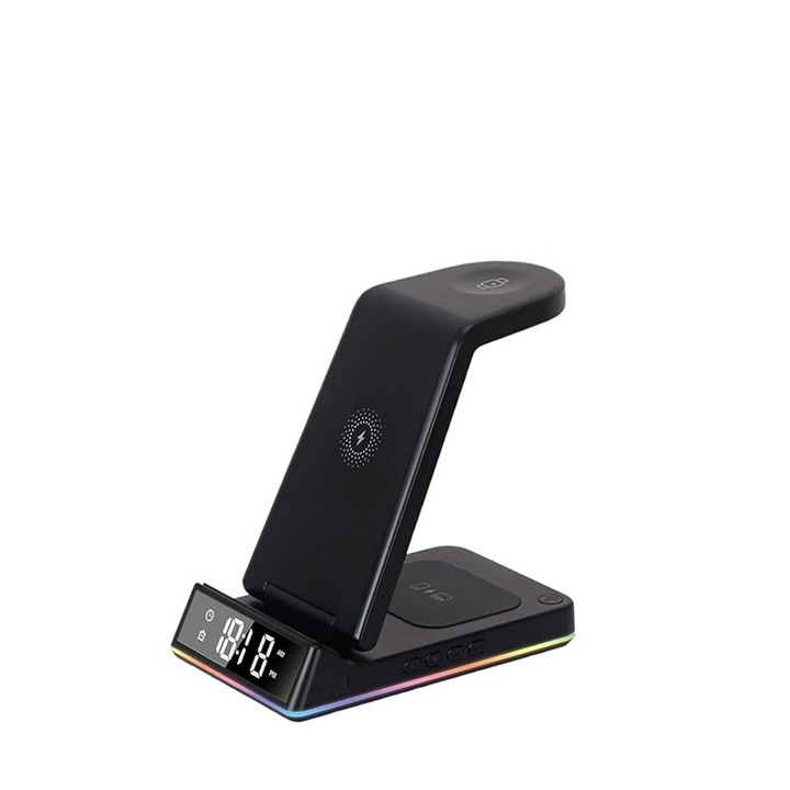 Incarcator wireless magnetic 5 in 1, Siegdorn, putere 15W incarcare rapida, compatibil cu ceasuri smart, casti fara fir, lumina de veghe, ceas cu alarma, negru