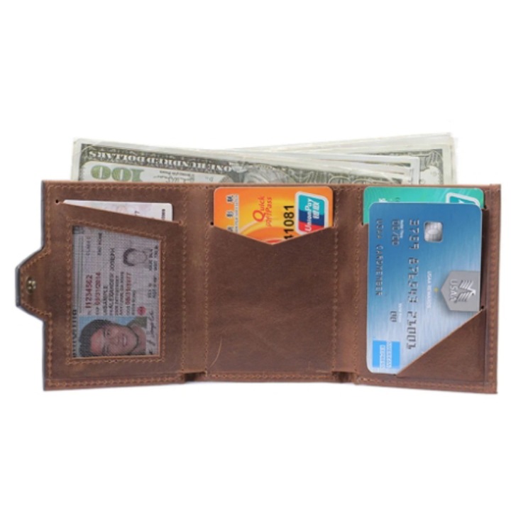 Мъжки портфейл, JENUOS®, естествена кожа, 9.5x7.5x2.5cm, с щипка за пари, кафяв