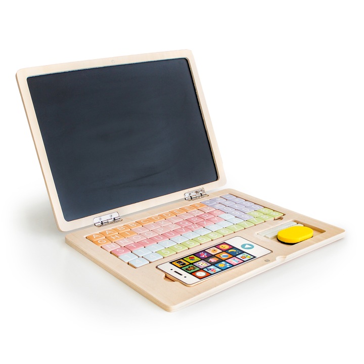 Образователен лаптоп, ECOTOYS, магнитна дъска, 78 елемента, дърво, 30x22 см, +3 години, многоцветен