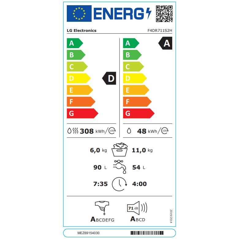 Masina spalat rufe cu uscator LG F4DR711S2H, Spalare 11 kg, Uscare 6kg, 1400 rpm, Clasa D, Turbo Wash, Wi-Fi, Autodose,Alb