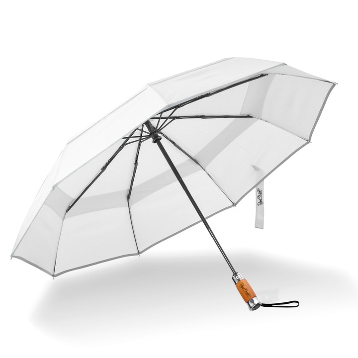 Чадър за дъжд Royal Walk, Автоматичен Отваряне и Затваряне, Сгъваем, Мъжки, Дамски, 103 см, Луксозен, Ветроустойчив, Вентилиран, Дървена дръжка, Светлоотразителна лента, Бял