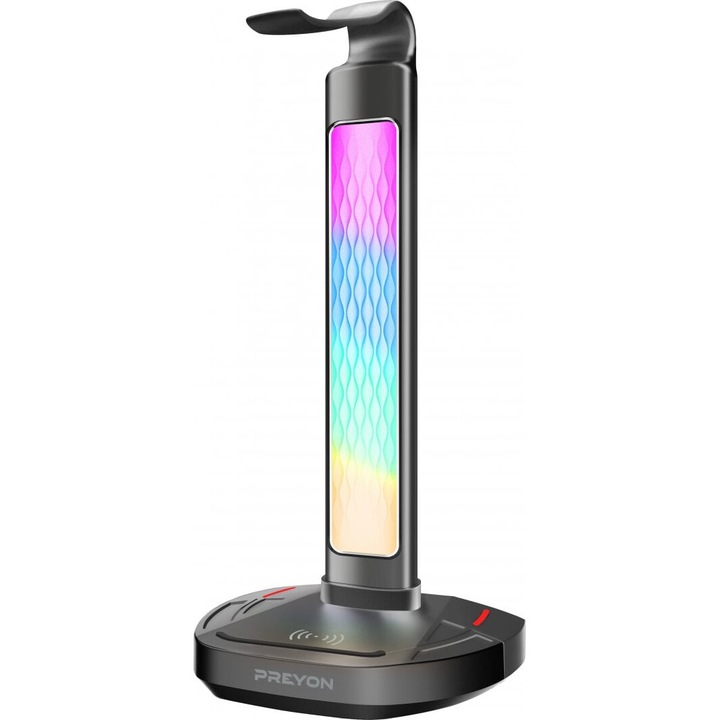 Suport pentru casti PREYON Heron Beak, RGB, 3xUSB, Negru