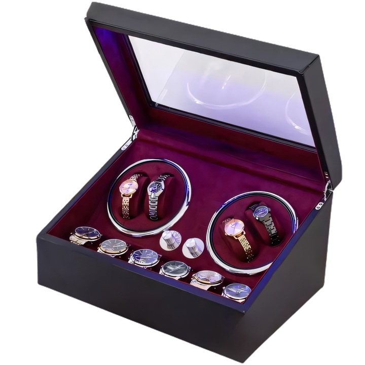 Cutie intors ceasuri automatice, cu spatiu de depozitare pentru 6 ceasuri mecanice, watch winder 4+6, Ava-Stars ®, Interior din catifea rosie, cu LED, Negru