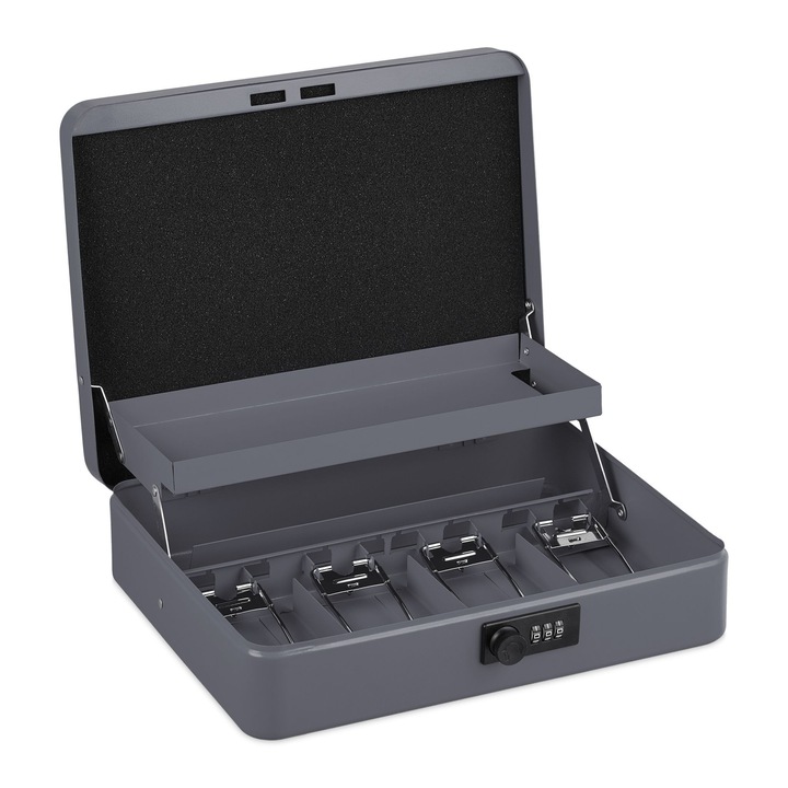 Caseta bani pentru bancnote si monede, Relaxdays, 8.5 x 30.5 x 25 cm, gri